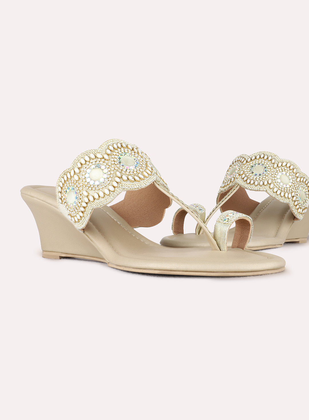 Womens Golden Ethnic Embellished Round Toe Wedge Heels