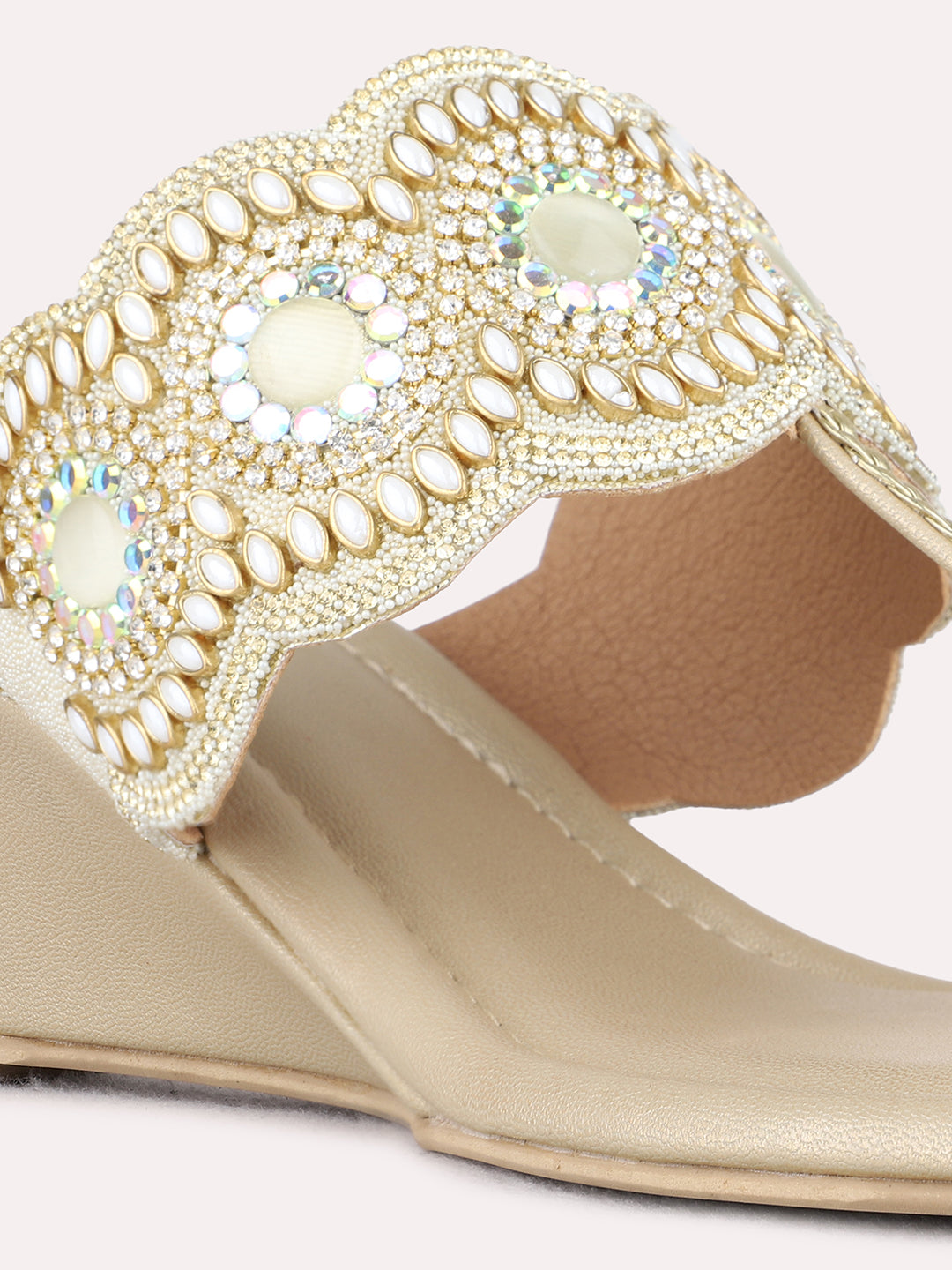 Womens Golden Ethnic Embellished Round Toe Wedge Heels