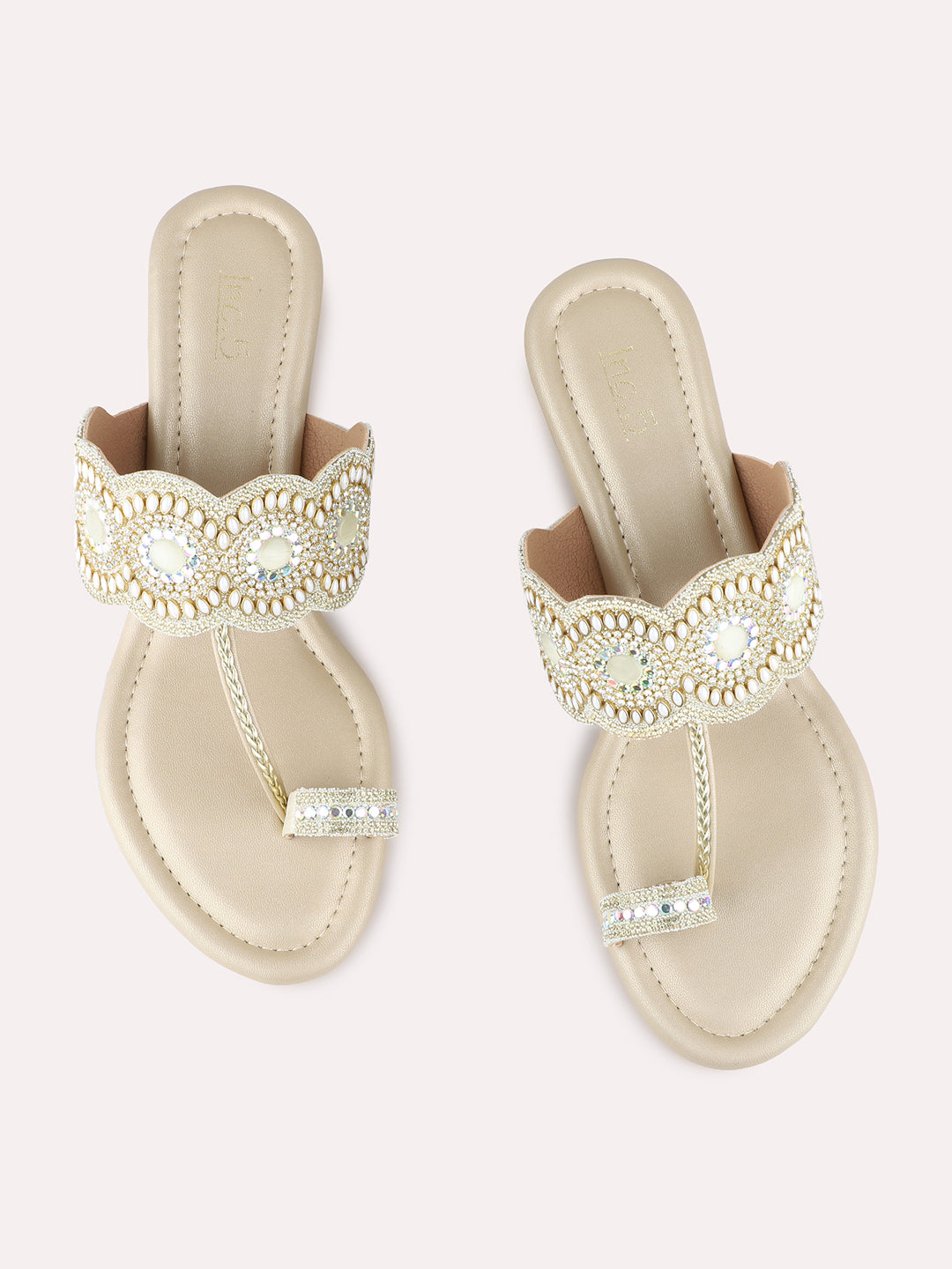 Womens Golden Ethnic Embellished Round Toe Wedge Heels
