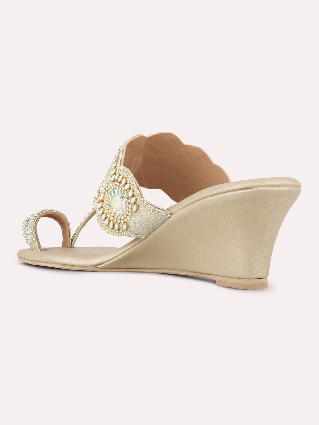 Womens Golden Ethnic Embellished Round Toe Wedge Heels