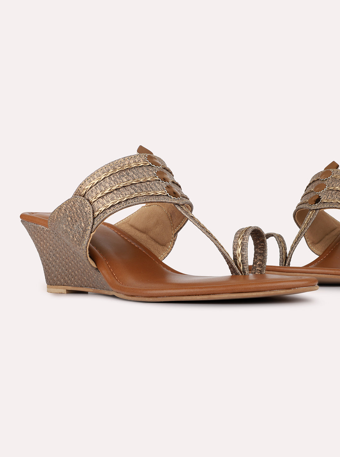 Womens Golden Ethnic Embellished Pattern Wedges