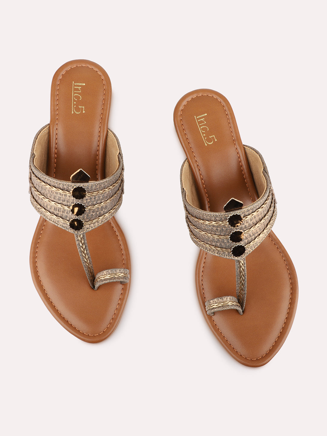 Womens Golden Ethnic Embellished Pattern Wedges