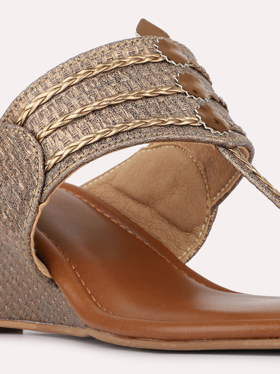 Womens Golden Ethnic Embellished Pattern Wedges