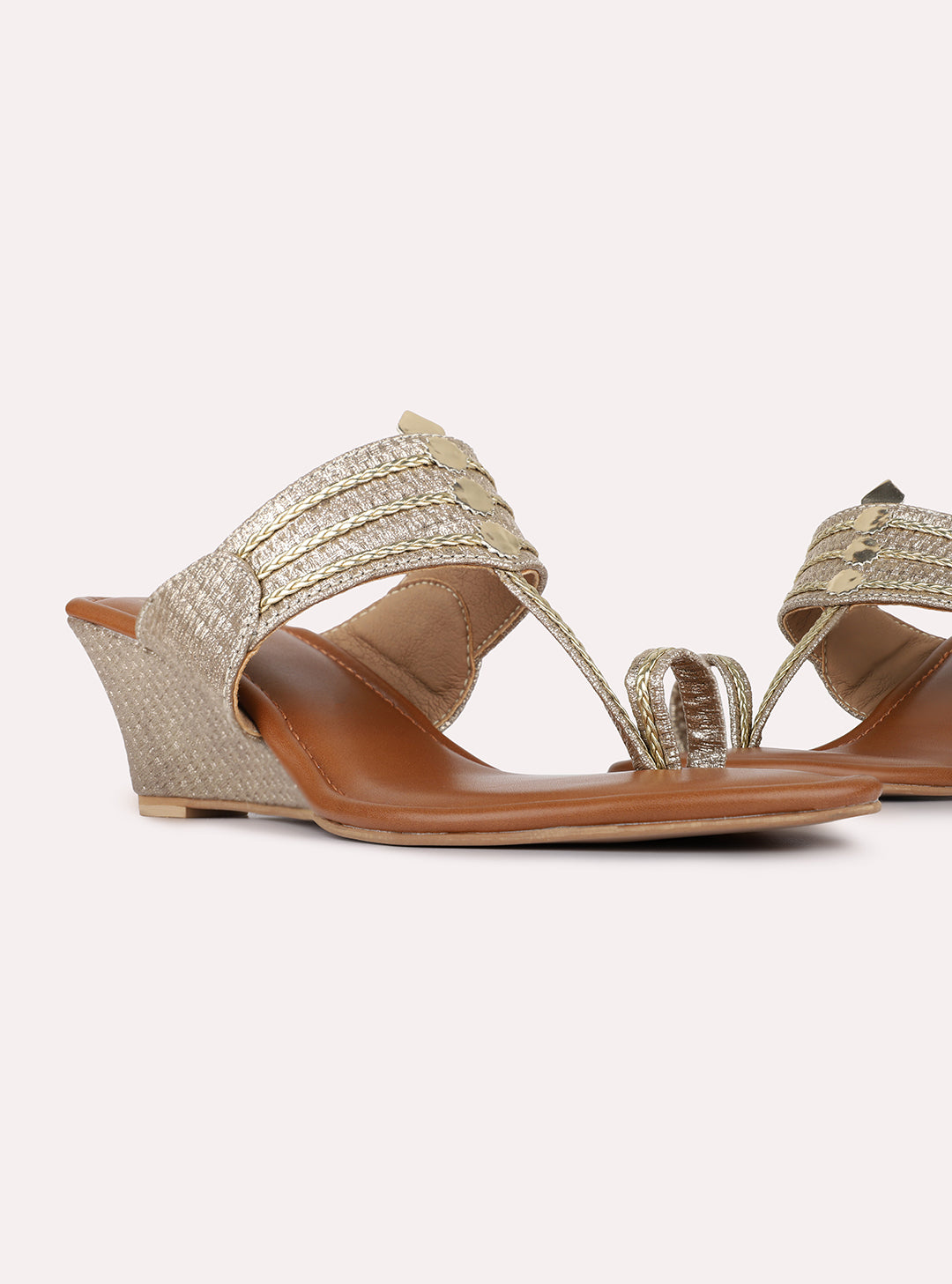Womens Golden Ethnic Embellished Shape Wedge Heels