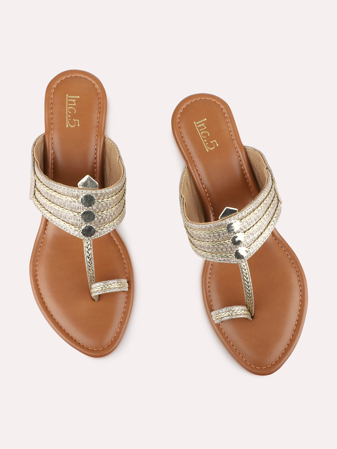 Womens Golden Ethnic Embellished Shape Wedge Heels