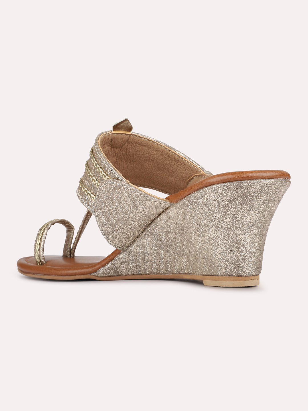 Womens Golden Ethnic Embellished Shape Wedge Heels