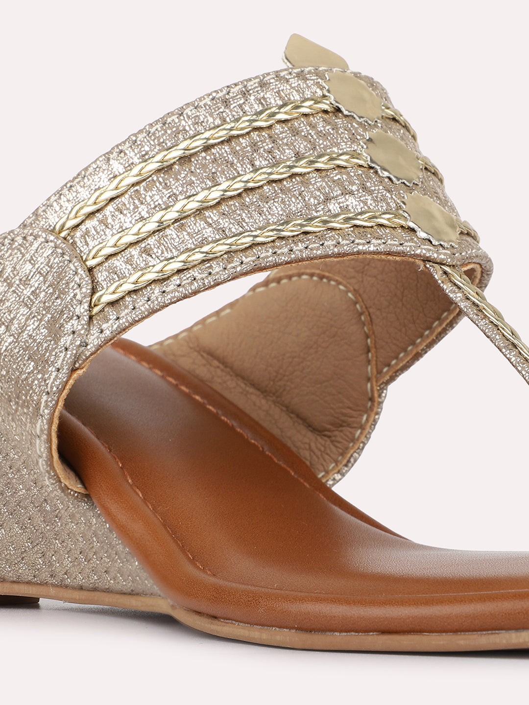 Womens Golden Ethnic Embellished Shape Wedge Heels