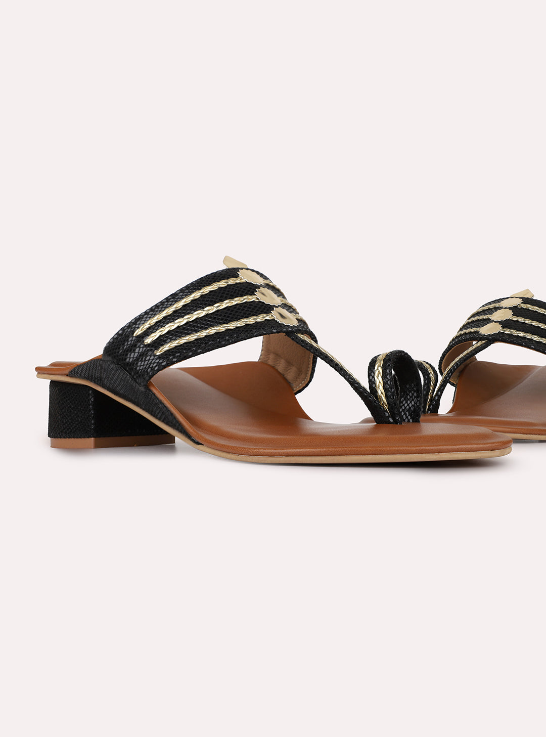 Womens Black Ethnic Embellished Round Toe Shape Block Heels