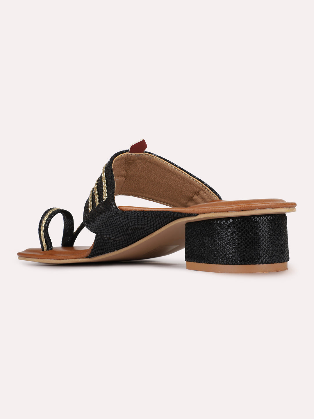 Womens Black Ethnic Embellished Round Toe Shape Block Heels