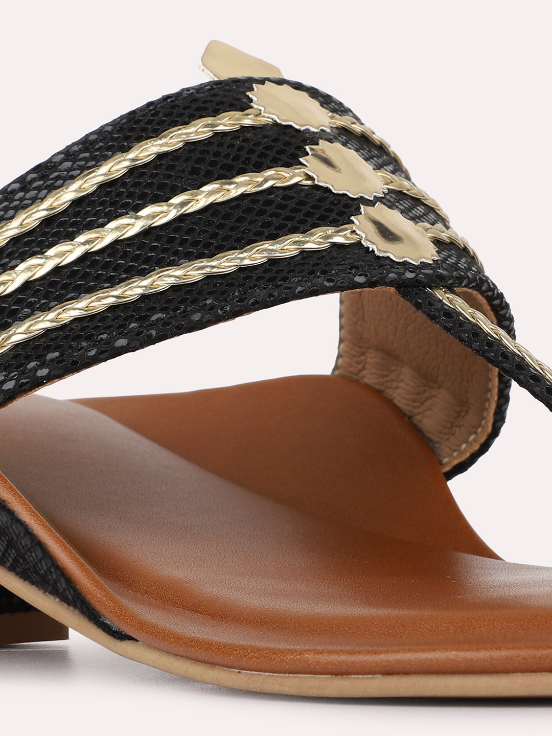 Womens Black Ethnic Embellished Round Toe Shape Block Heels
