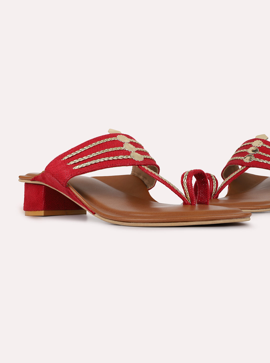 Womens Red Ethnic Embellished Round Toe Block Heels