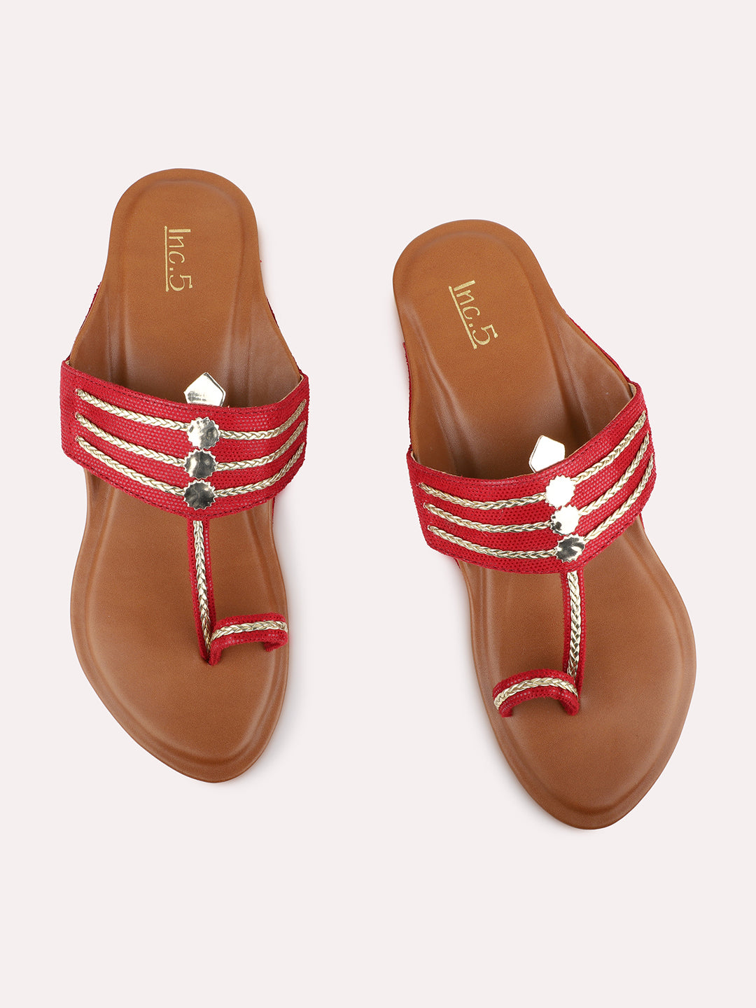 Womens Red Ethnic Embellished Round Toe Block Heels