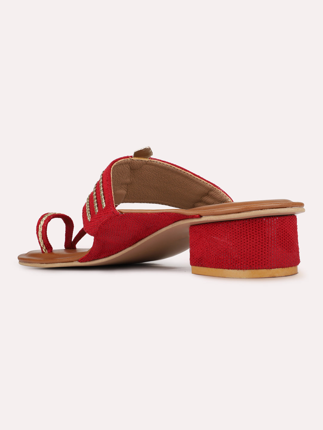 Womens Red Ethnic Embellished Round Toe Block Heels