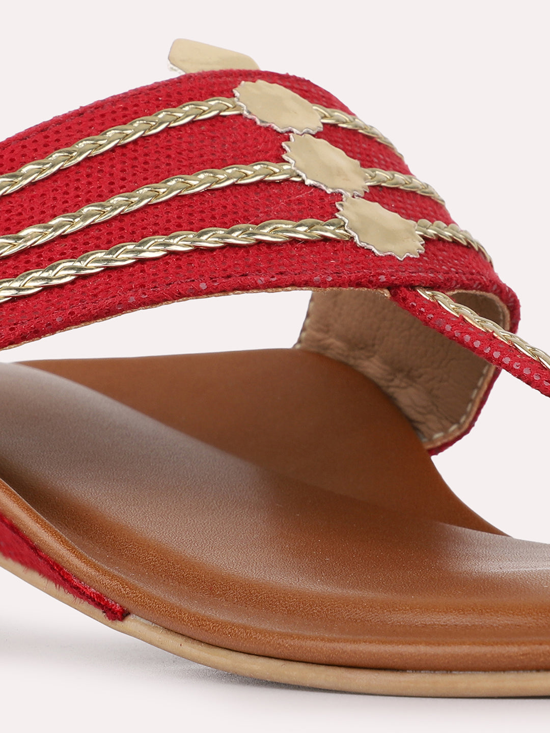 Womens Red Ethnic Embellished Round Toe Block Heels