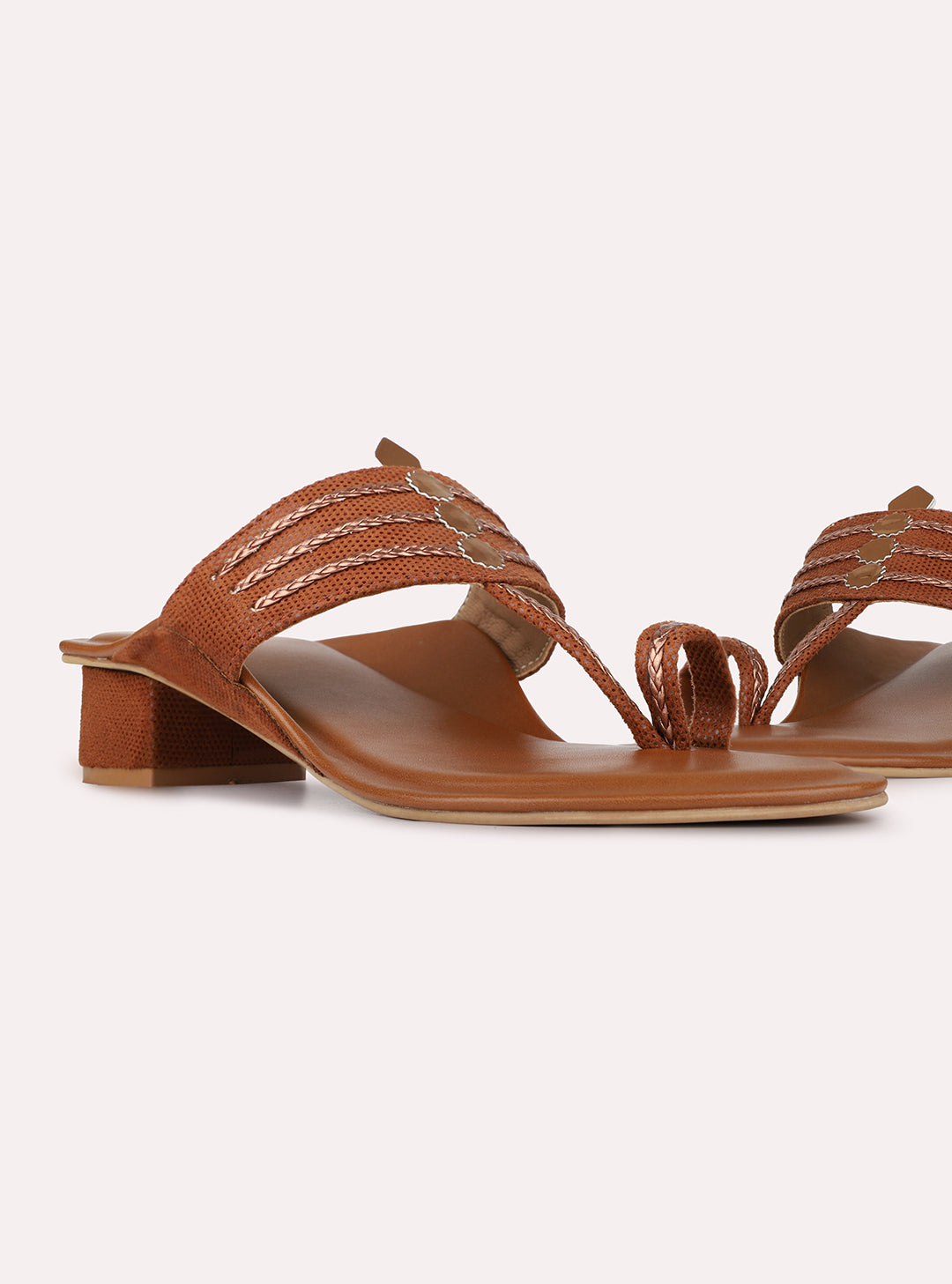 Womens Tan Ethnic Embellished Round Toe Block Heels