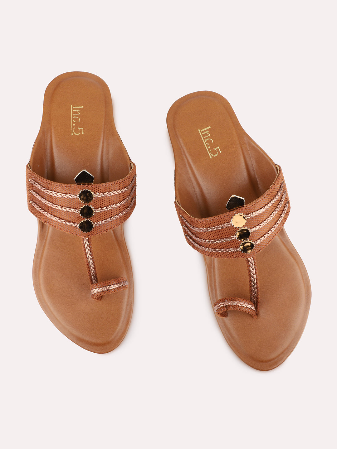 Womens Tan Ethnic Embellished Round Toe Block Heels