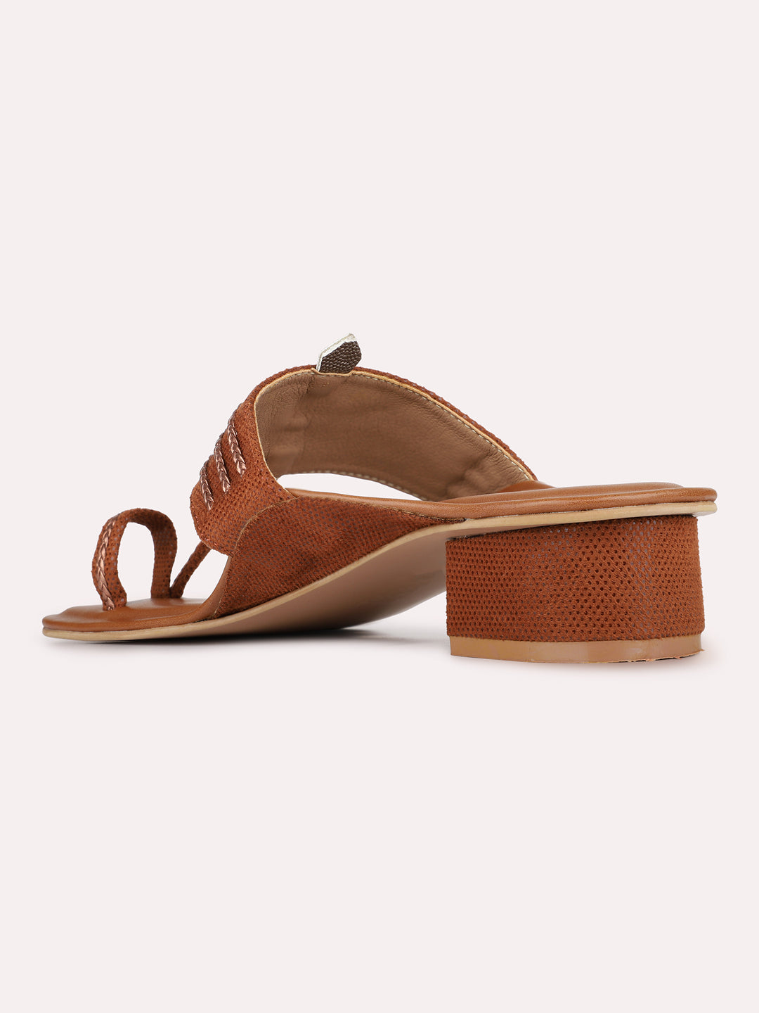 Womens Tan Ethnic Embellished Round Toe Block Heels