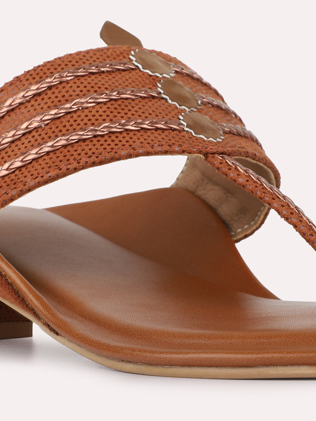 Womens Tan Ethnic Embellished Round Toe Block Heels