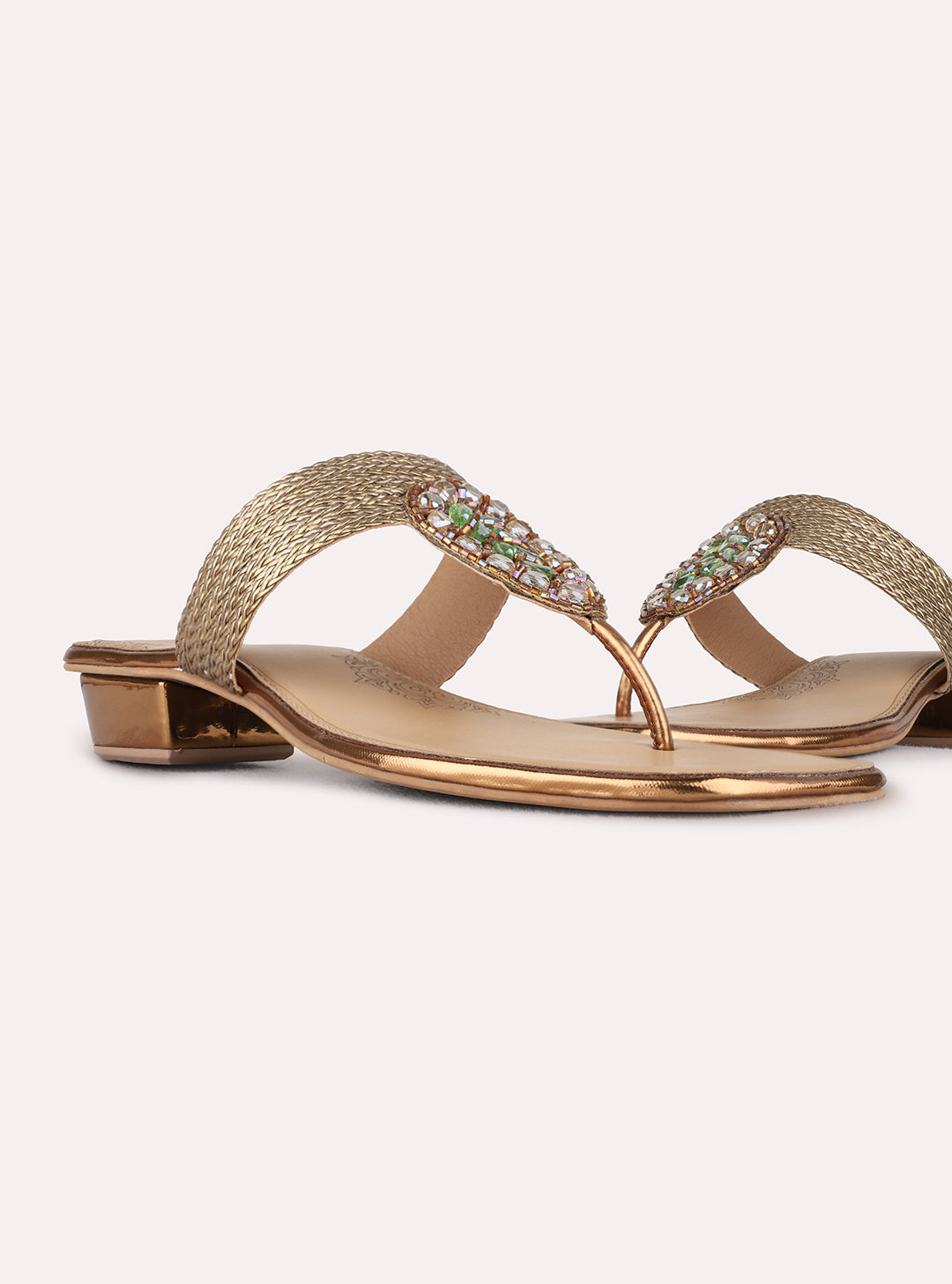 Womens Golden Ethnic Embellished Round Toe Block Heels