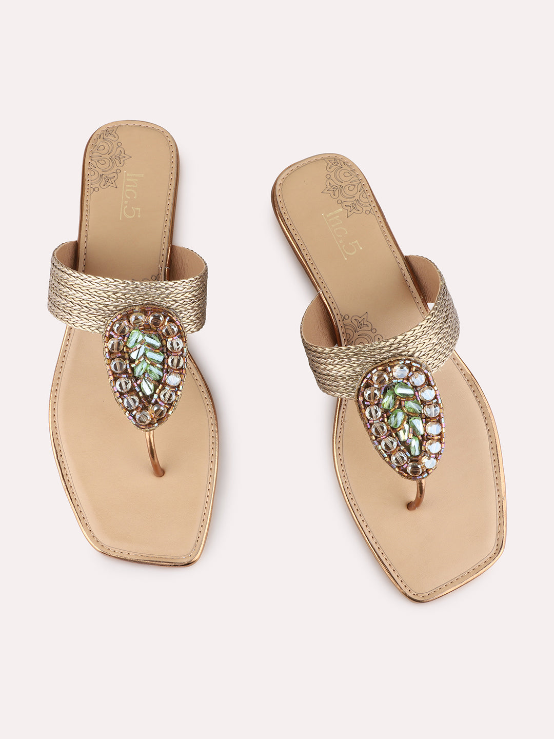Womens Golden Ethnic Embellished Round Toe Block Heels