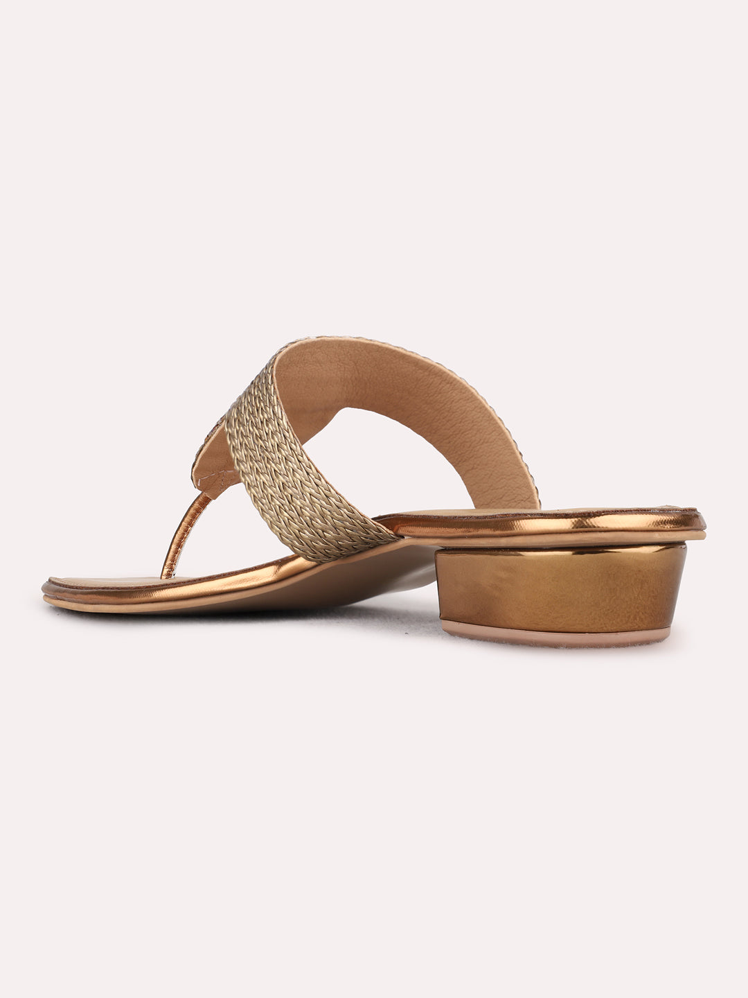 Womens Golden Ethnic Embellished Round Toe Block Heels