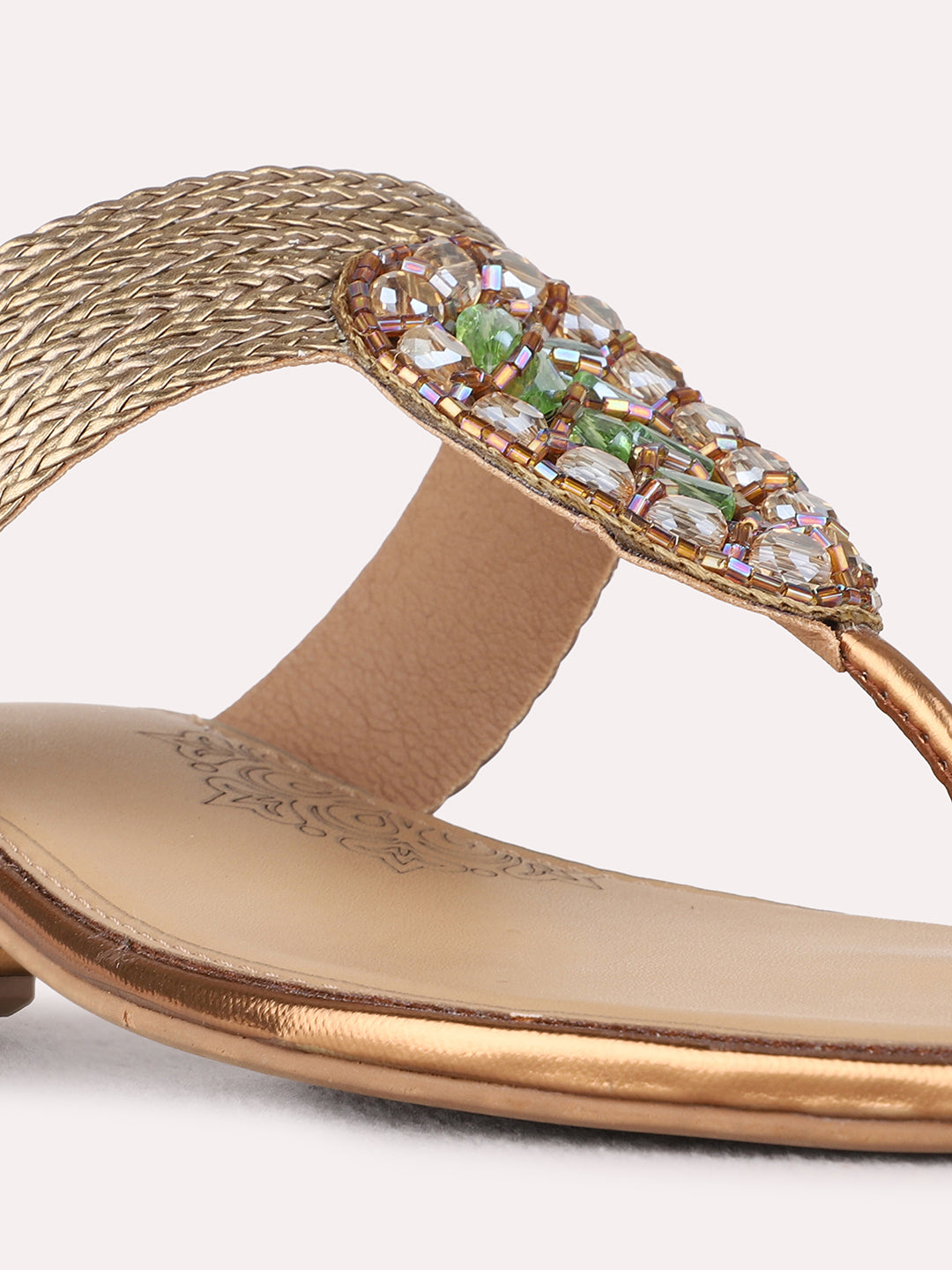 Womens Golden Ethnic Embellished Round Toe Block Heels