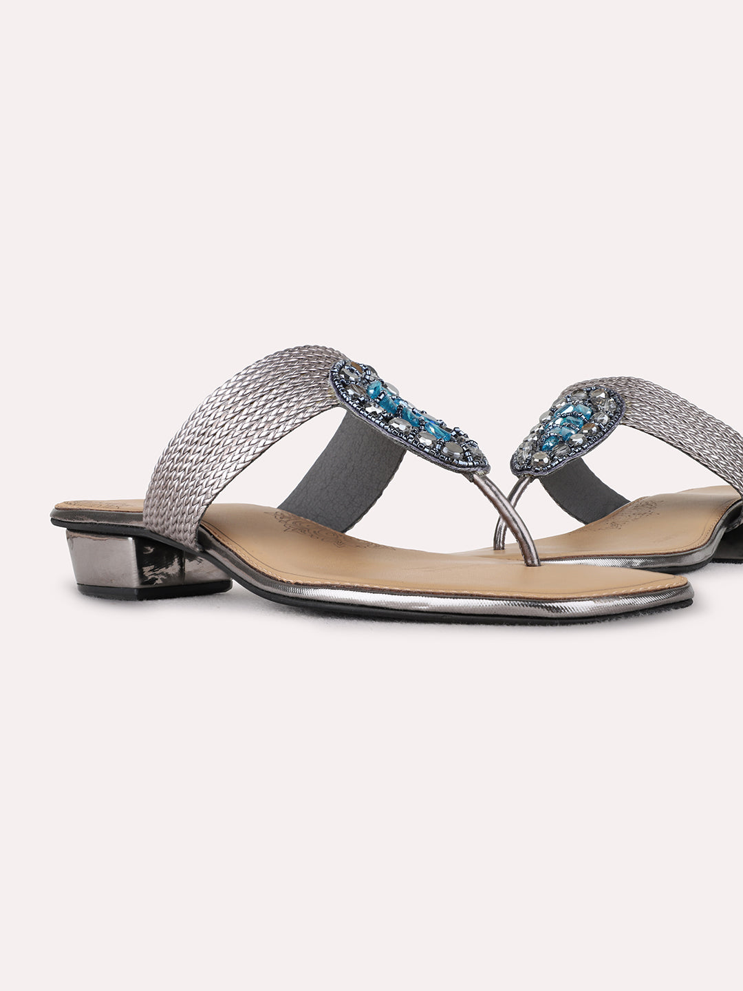 Womens Pewter Ethnic Embellished Round Toe Block Heels