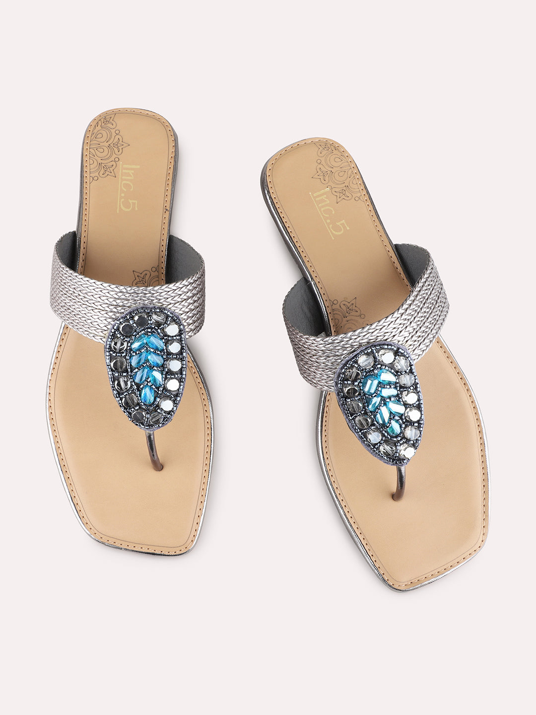 Womens Pewter Ethnic Embellished Round Toe Block Heels