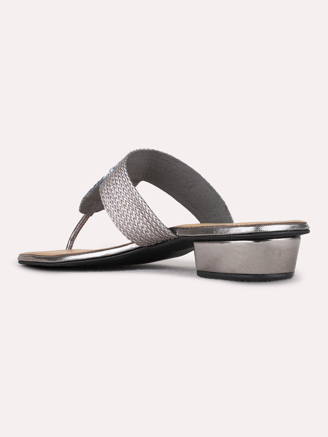 Womens Pewter Ethnic Embellished Round Toe Block Heels