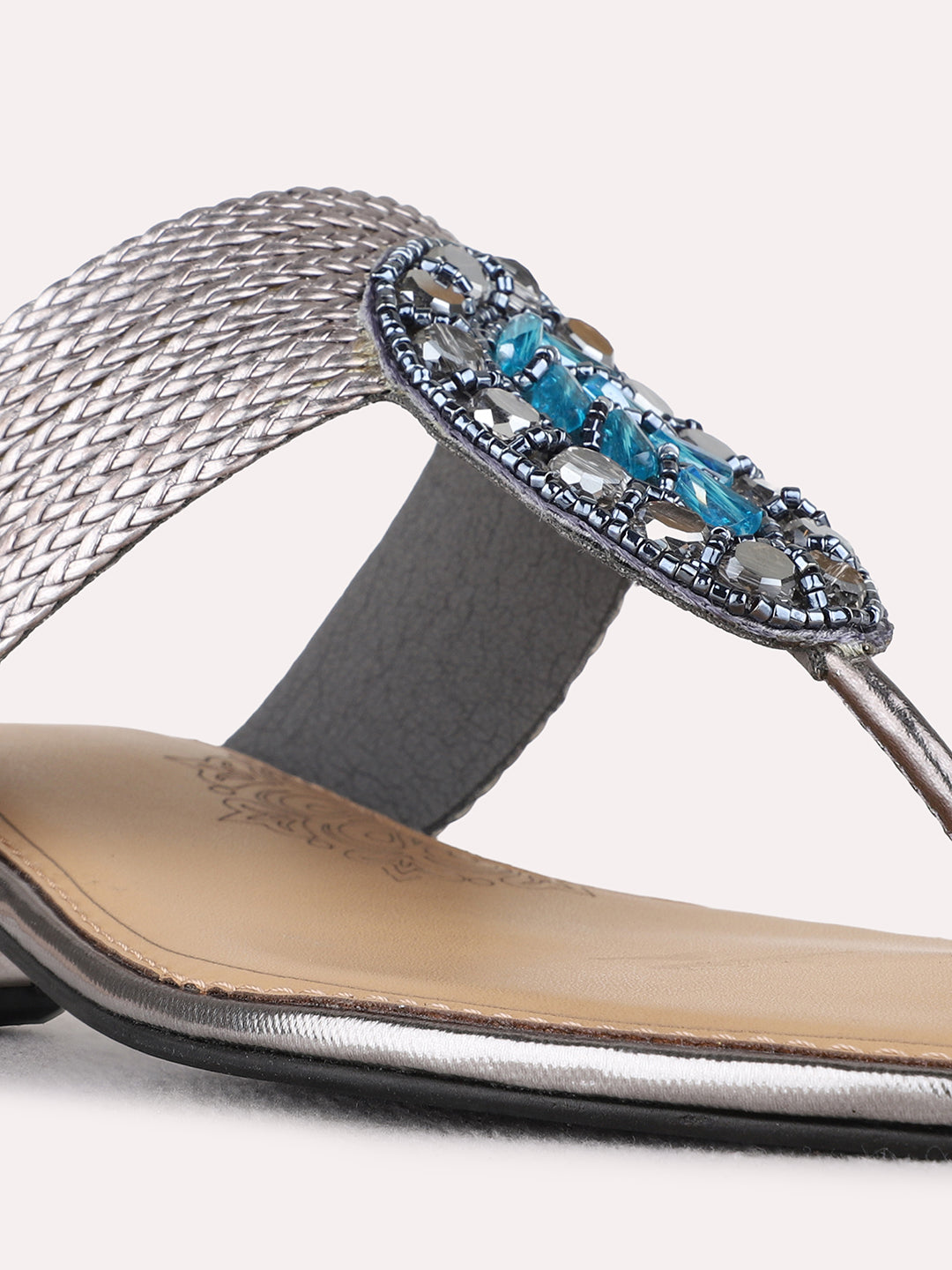 Womens Pewter Ethnic Embellished Round Toe Block Heels