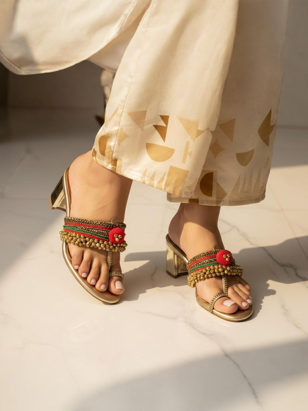 Womens Golden Embellished Ethnic Round Toe Block heels