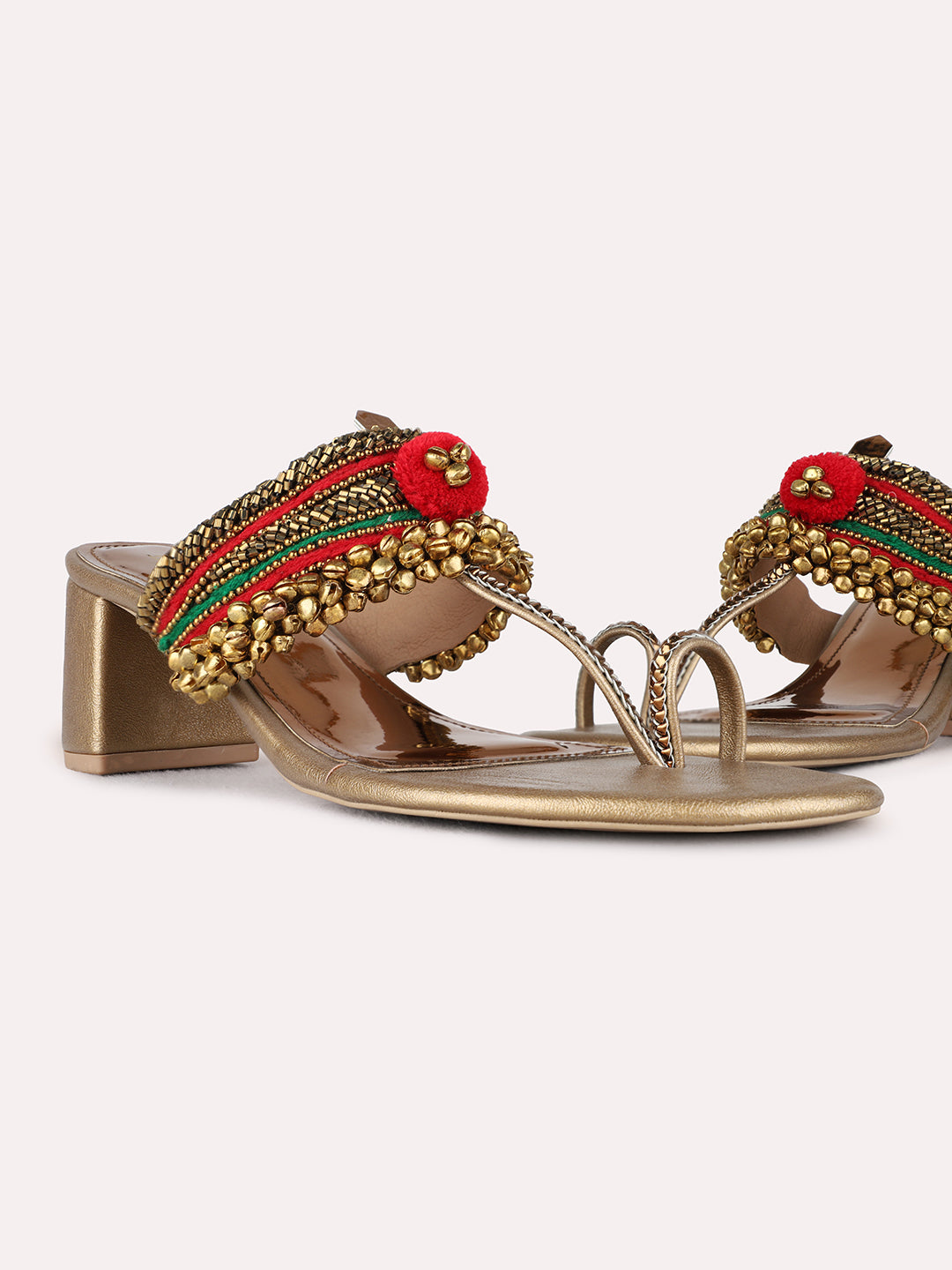 Womens Golden Embellished Ethnic Round Toe Block heels