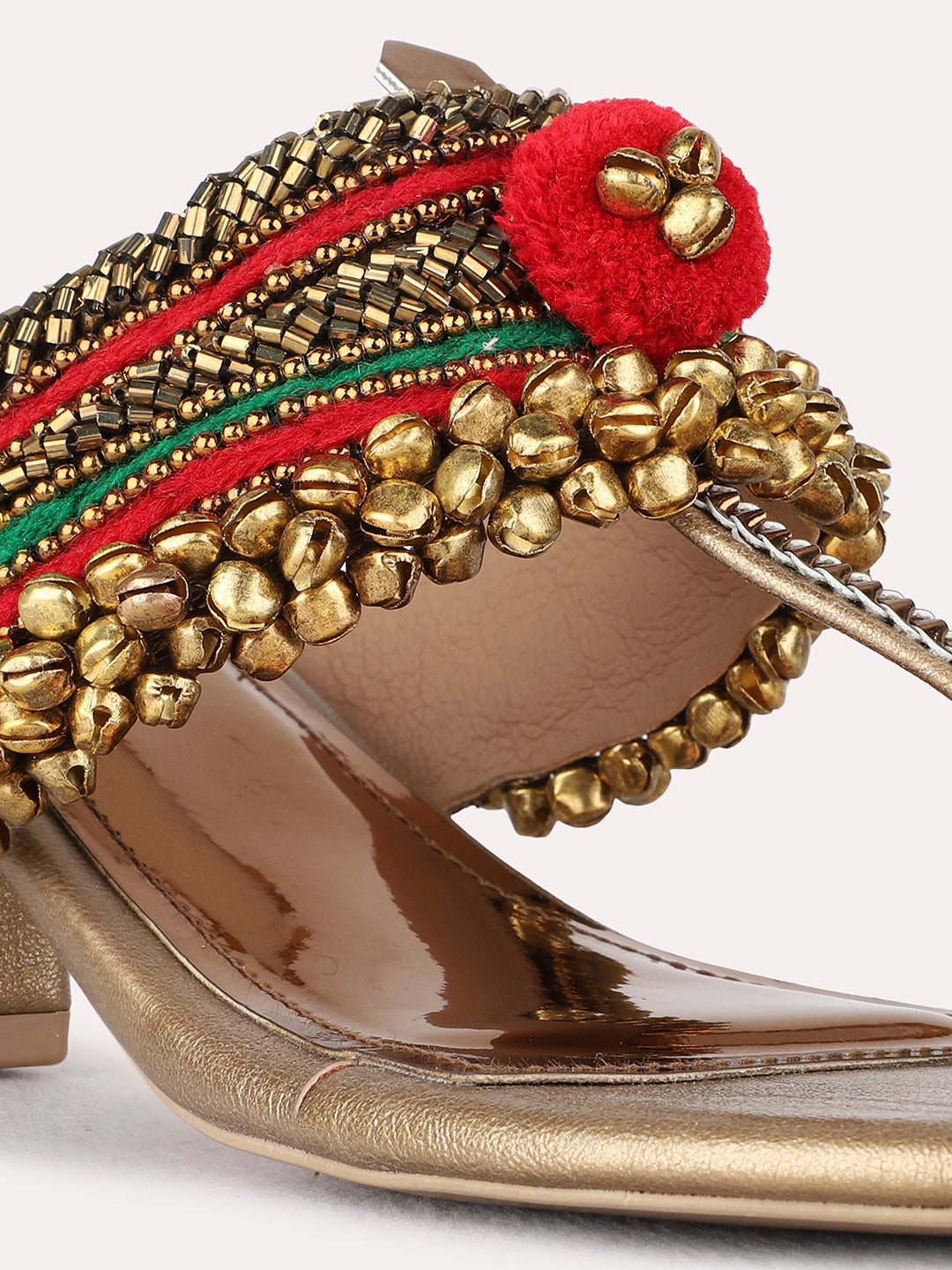 Womens Golden Embellished Ethnic Round Toe Block heels