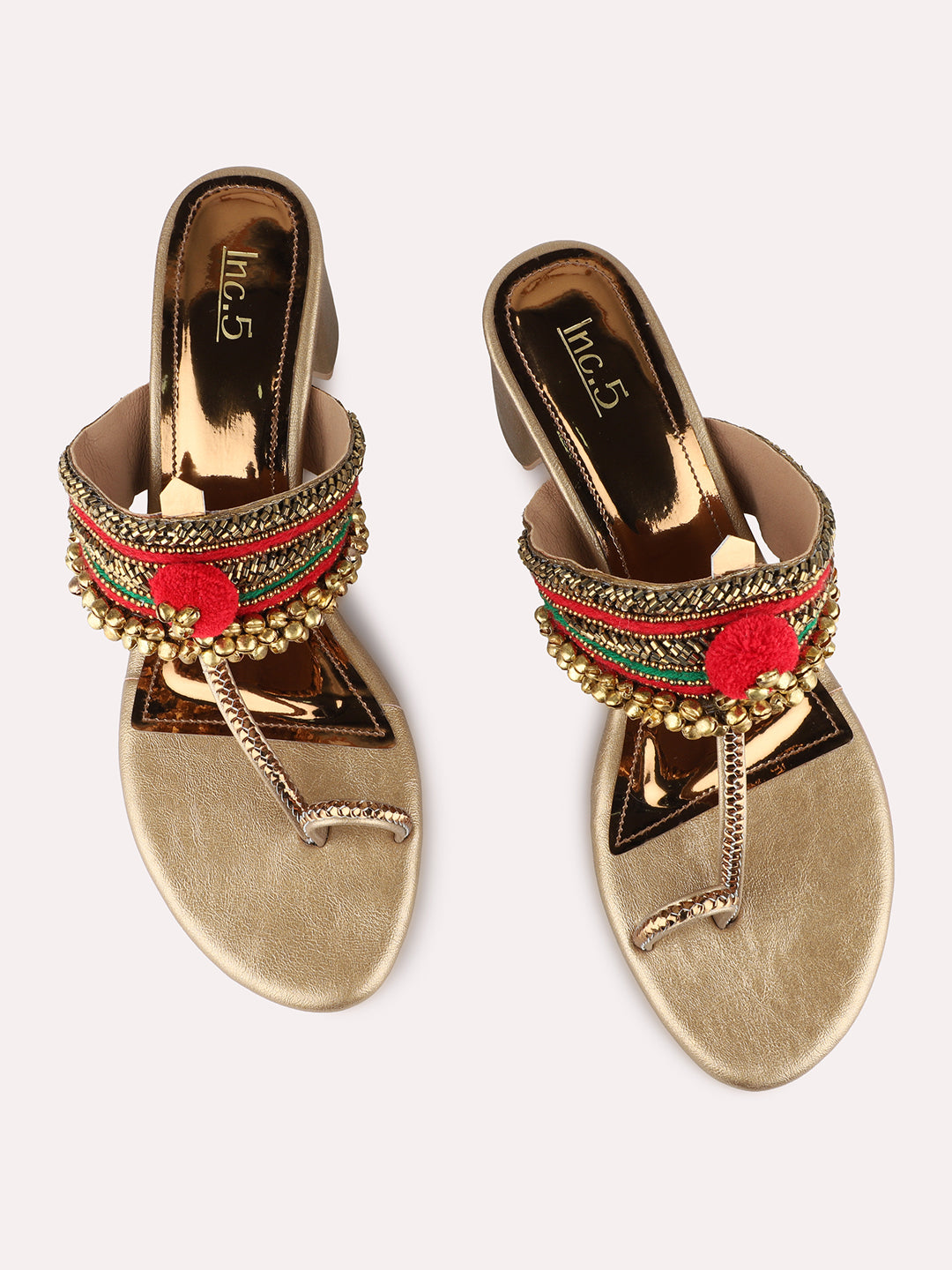 Womens Golden Embellished Ethnic Round Toe Block heels