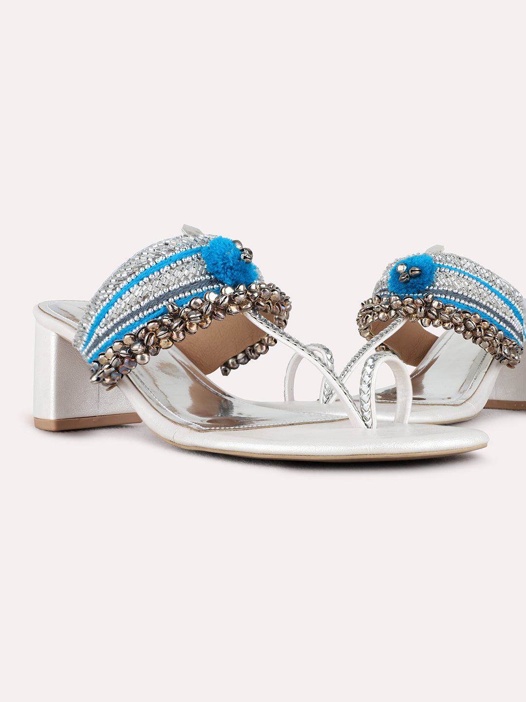Womens Silver Ethnic Embellished Round Toe Block heels