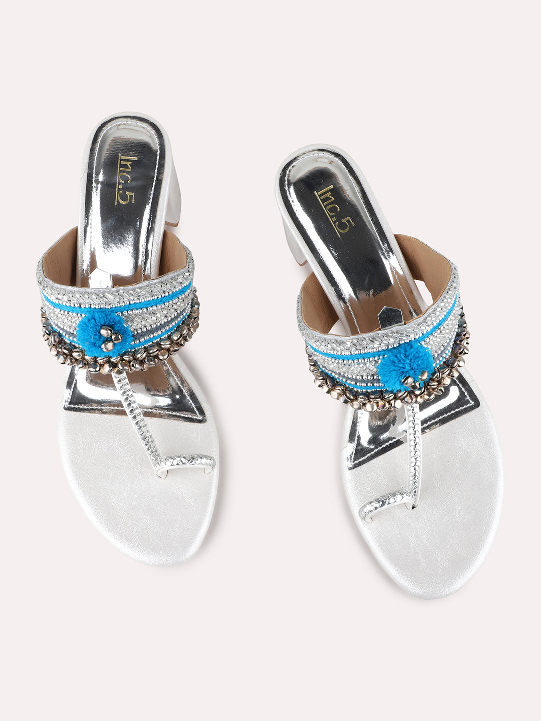 Womens Silver Ethnic Embellished Round Toe Block heels