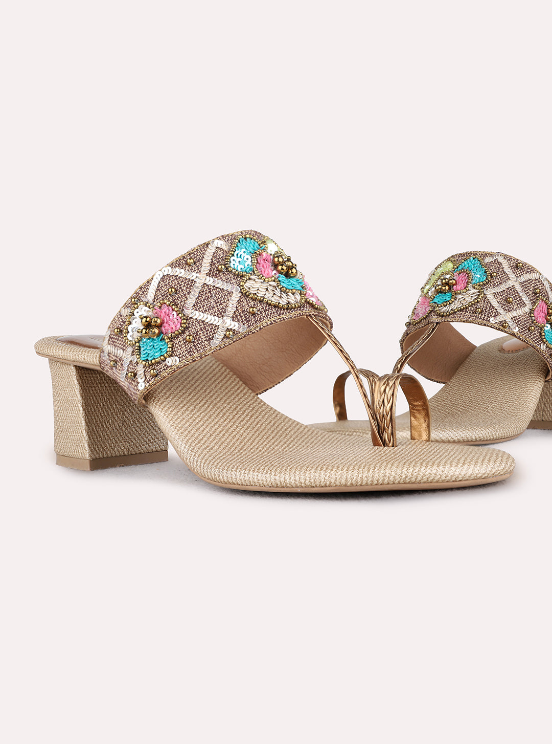 Womens Golden Embellished Ethnic  Round Toe Shape Block heels