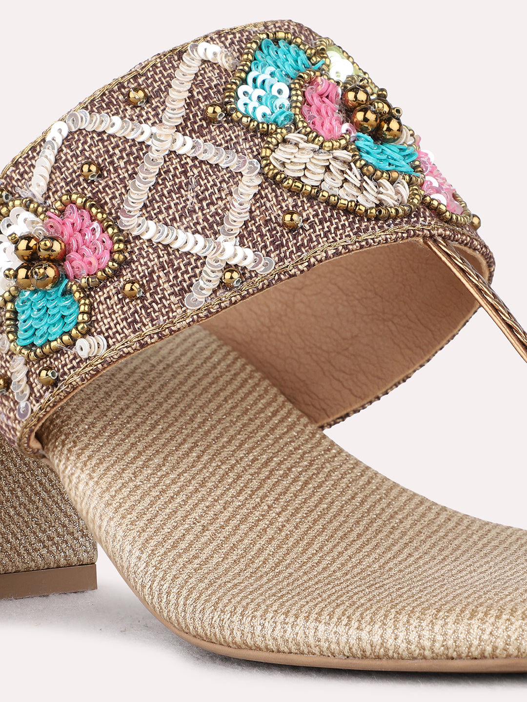 Womens Golden Embellished Ethnic  Round Toe Shape Block heels