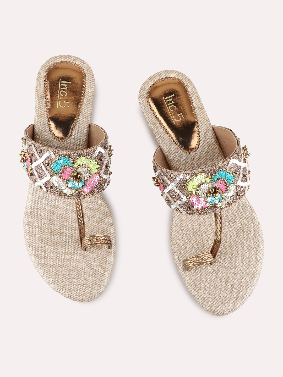 Womens Golden Embellished Ethnic  Round Toe Shape Block heels
