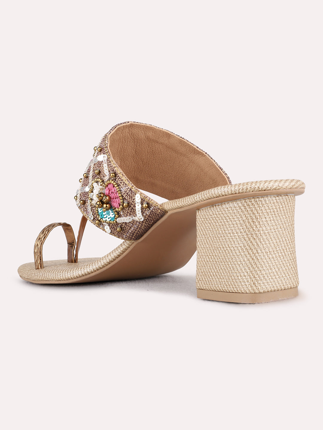 Womens Golden Embellished Ethnic  Round Toe Shape Block heels