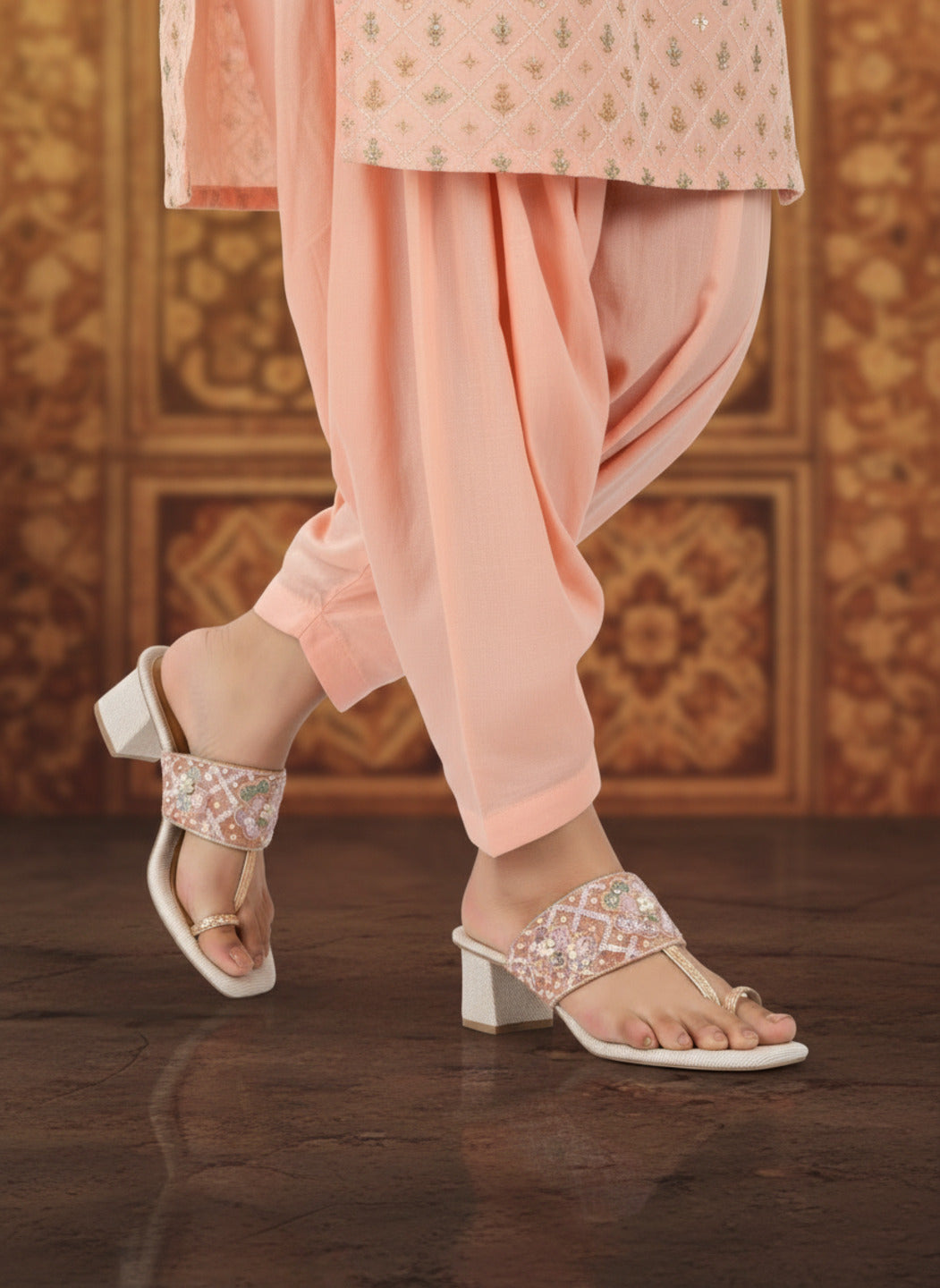 Womens Rose Gold Ethnic Embellished Round Toe Block heels