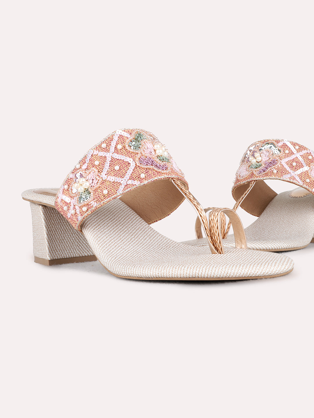 Womens Rose Gold Ethnic Embellished Round Toe Block heels