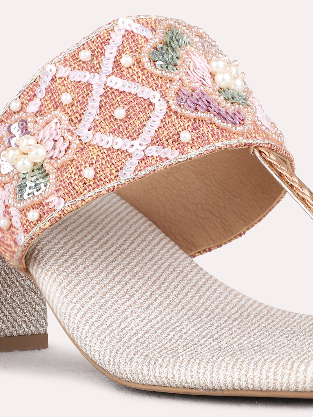 Womens Rose Gold Ethnic Embellished Round Toe Block heels
