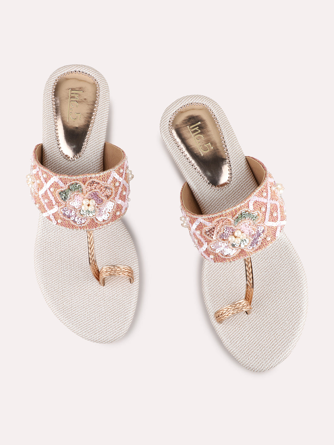 Womens Rose Gold Ethnic Embellished Round Toe Block heels