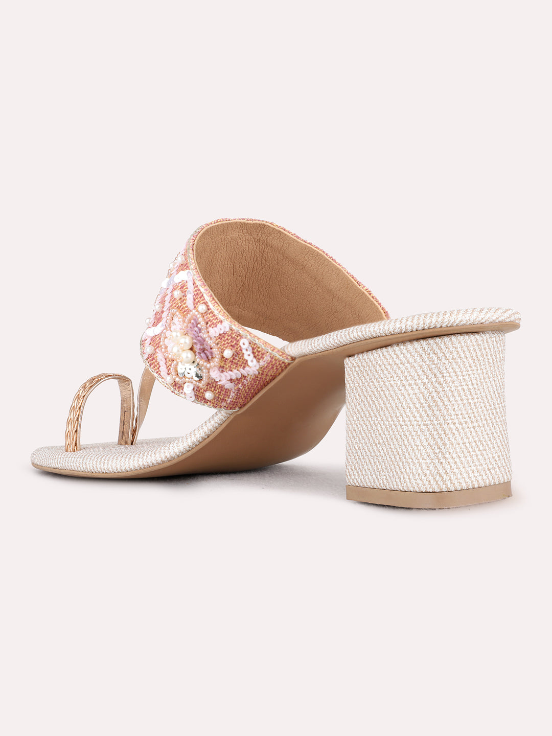 Womens Rose Gold Ethnic Embellished Round Toe Block heels