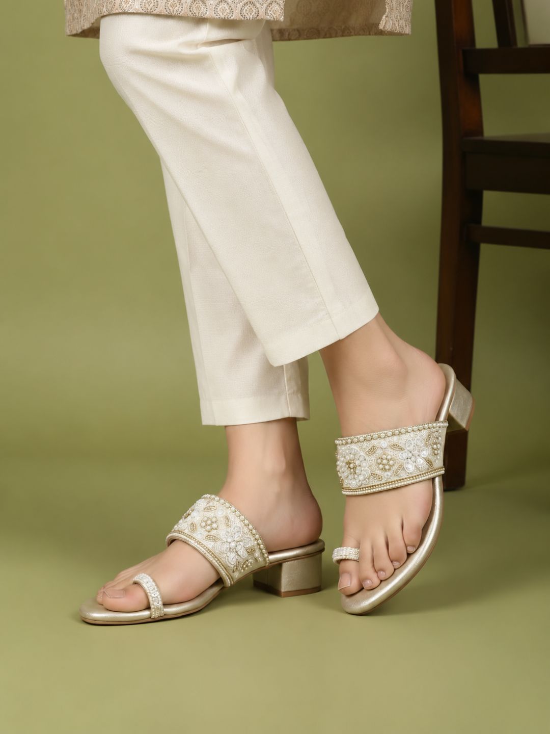 Womens Golden Ethnic Embellished Round Toe Block Heels