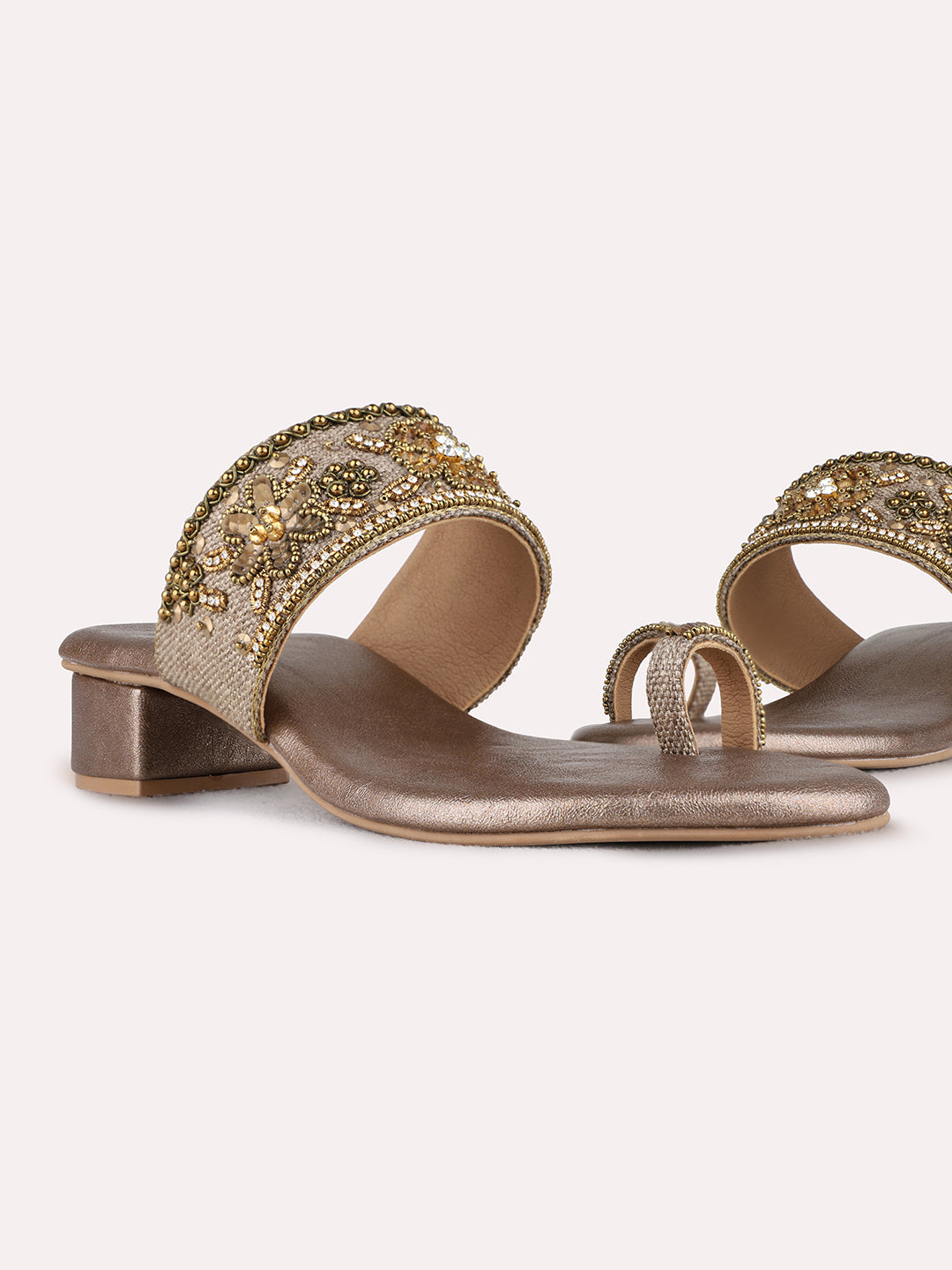 Womens Golden Ethnic Embellished Pattern Round Toe Heels