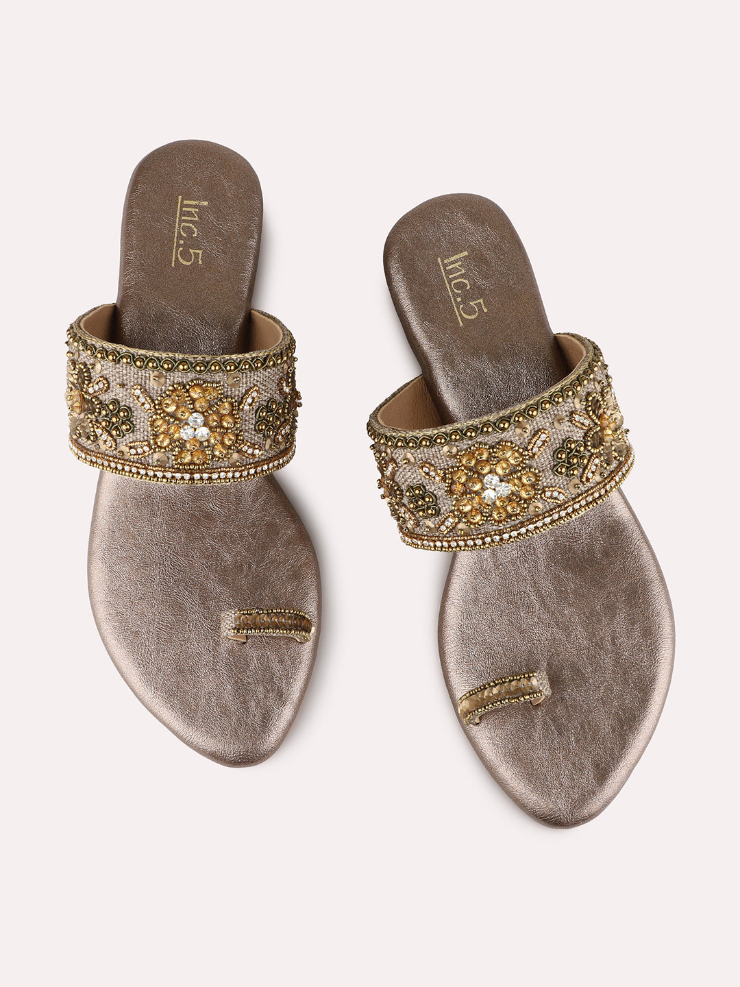 Womens Golden Ethnic Embellished Pattern Round Toe Heels