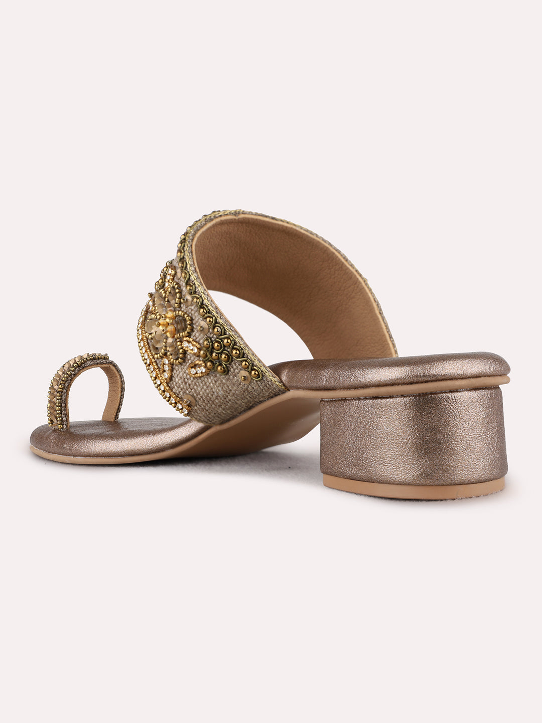 Womens Golden Ethnic Embellished Pattern Round Toe Heels