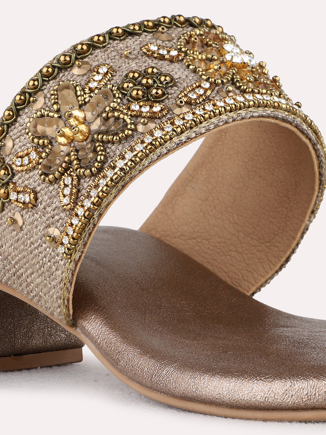 Womens Golden Ethnic Embellished Pattern Round Toe Heels